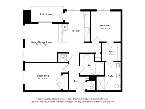 Floor plan for 2 beds, 2 baths, 1013 sqft
